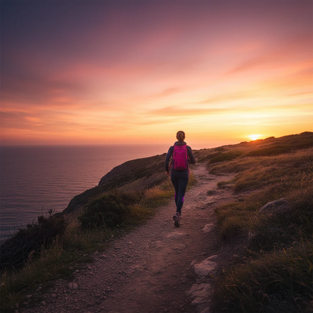 Anonymous person walking on a coastal path at golden hour - daily active lifestyle