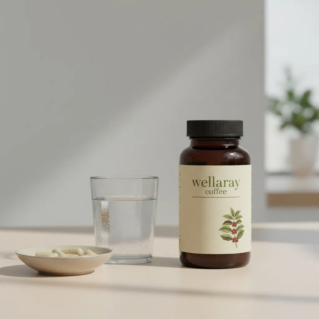 Wellaray Coffee box with open sachet and brewed coffee on marble surface